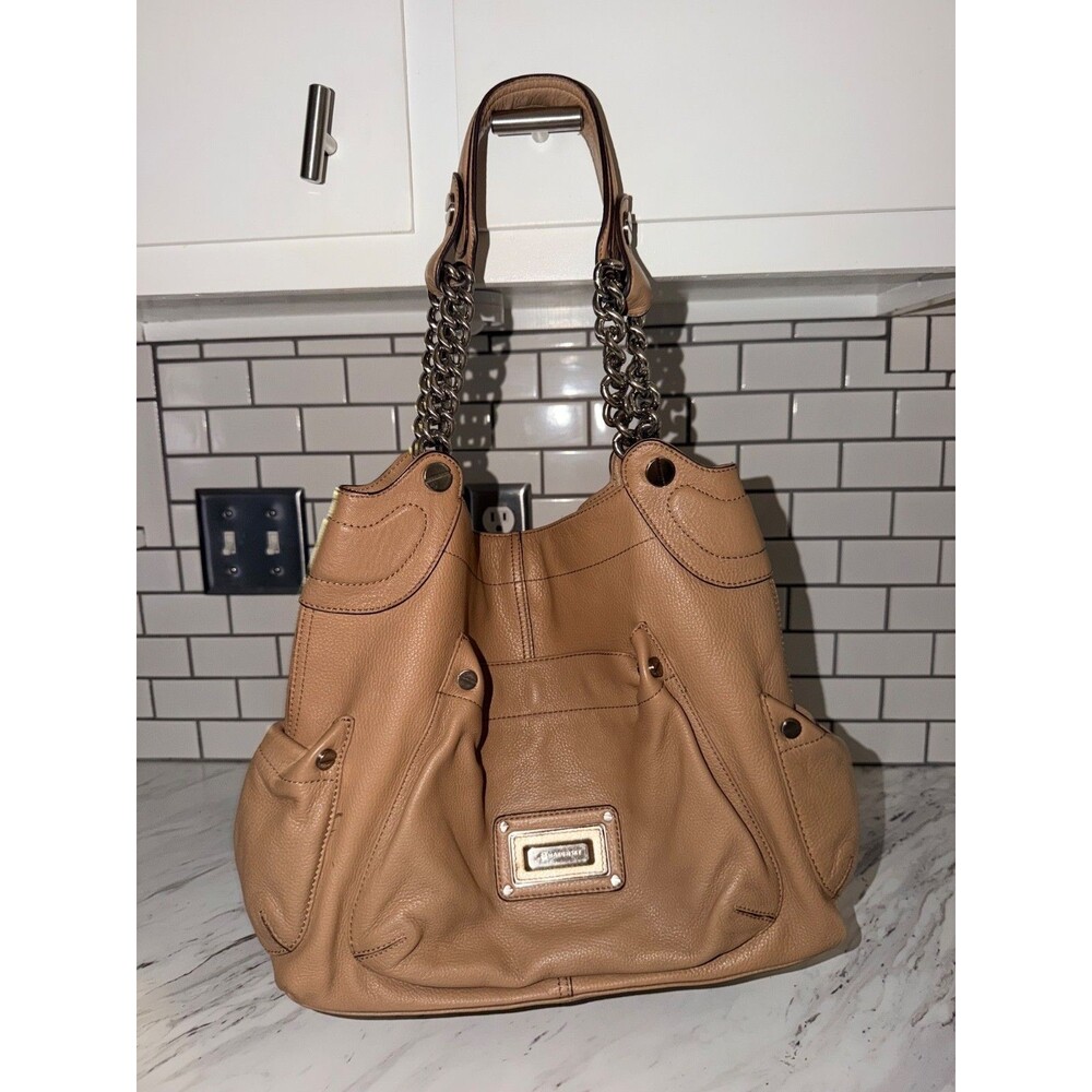 B. Makowsky Large Leather Shoulder Bag Tan Pebbled Strap Hobo Tote Purse